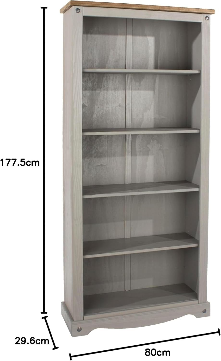 Solid Pine 5 Tier Tall Bookcase Large Wooden Storage Shelf Grey