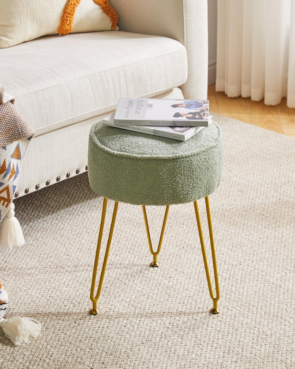Teddy Velvet Round Footrest Ottoman – Makeup Vanity Stool with Steel Legs