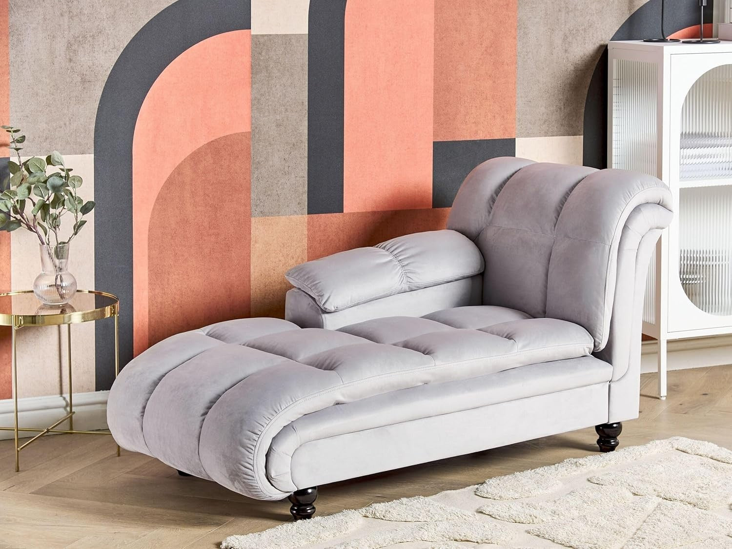 Modern Velvet Right Hand Chaise Lounge Grey Upholstery Black Legs