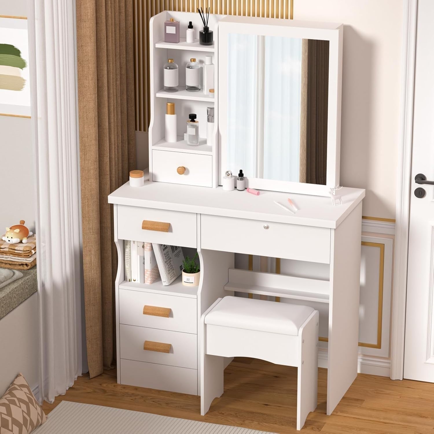 Modern Vanity Dressing Table w/Sliding Mirror 5 Drawers Lockable Storage