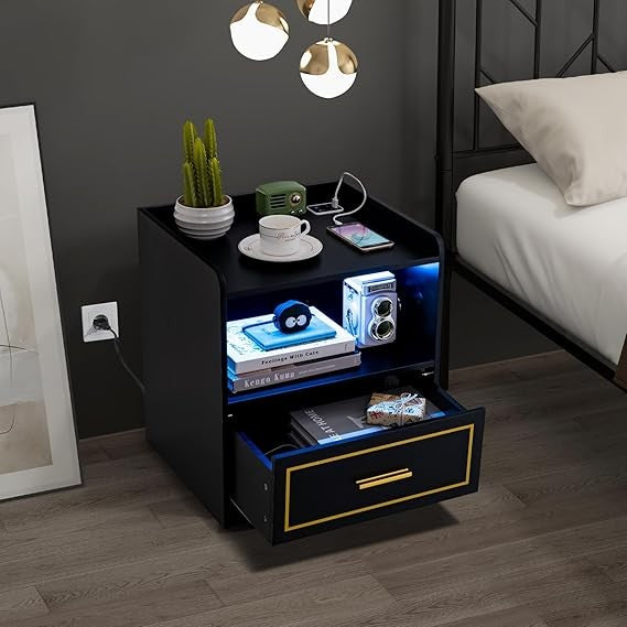 LED Smart Bedside Table with Charging Station, Drawer & Shelf, Modern Nightstand