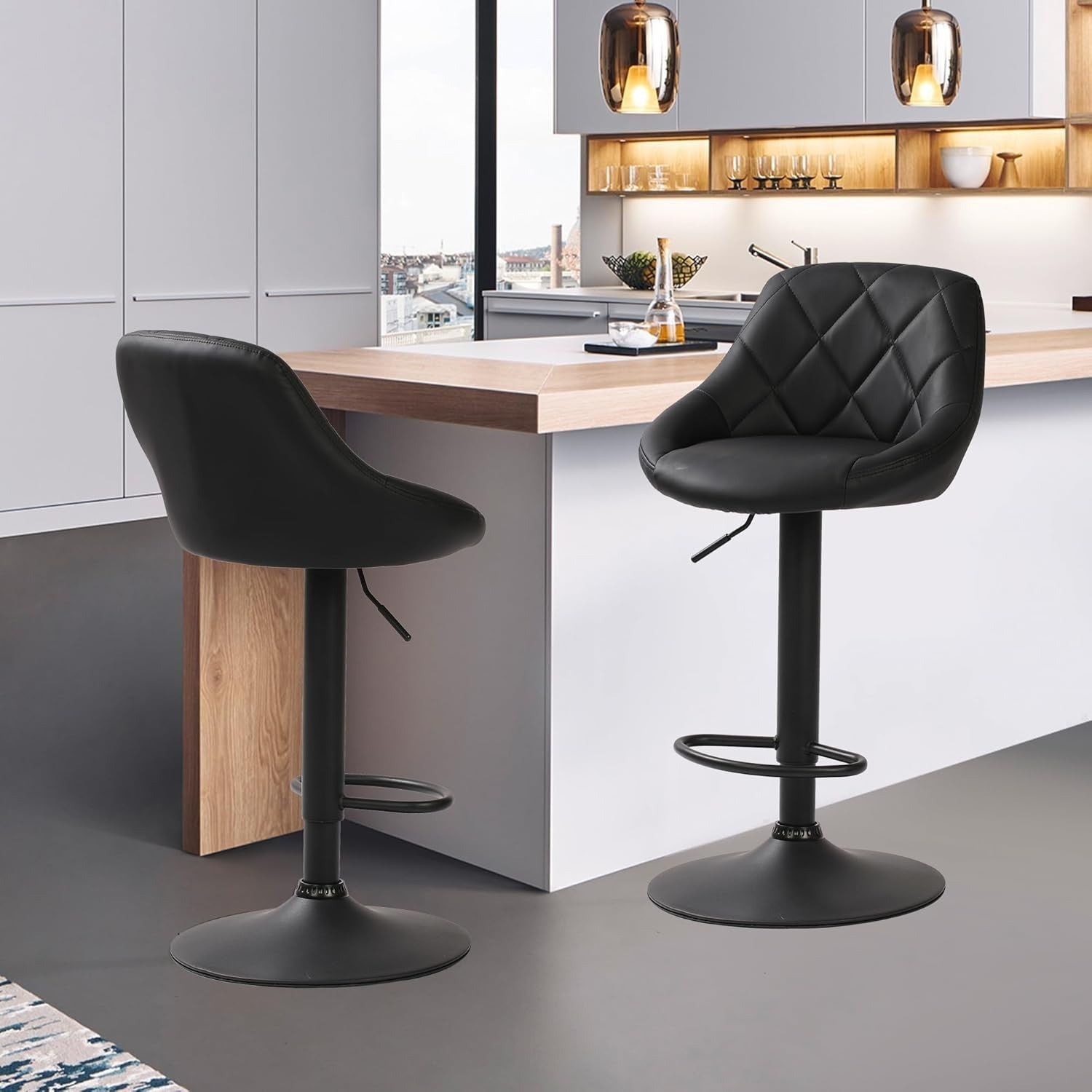 Adjustable Modern PU Leather Bar Stools with Footrest & Swivel – Black