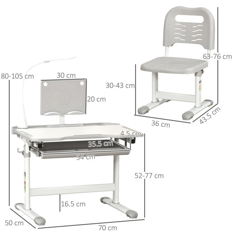 Kids Adjustable Study Desk & Chair Set w/ Lamp Drawer Tilt Table Grey 6–12