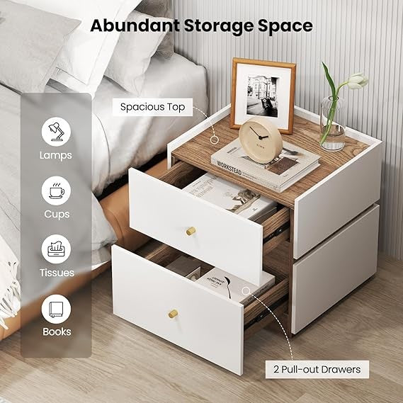 Modern White Bedside Tables Set of 2 with Drawers, Compact Wooden Nightstands