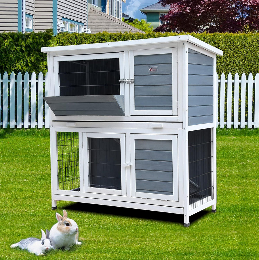 Large 2 Tier Rabbit Hutch Double Decker with Ramp Sliding Trays Outdoor