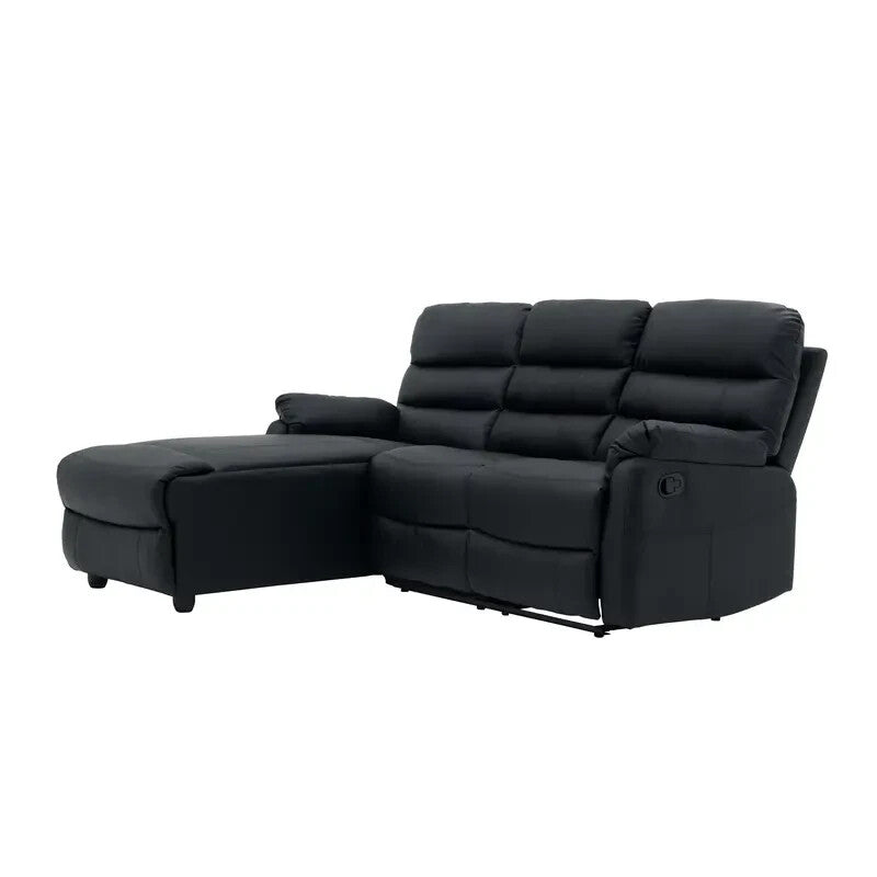 3 Seater Recliner Sofa w/ Chaise | Black Faux Leather Corner Couch Latch Arm