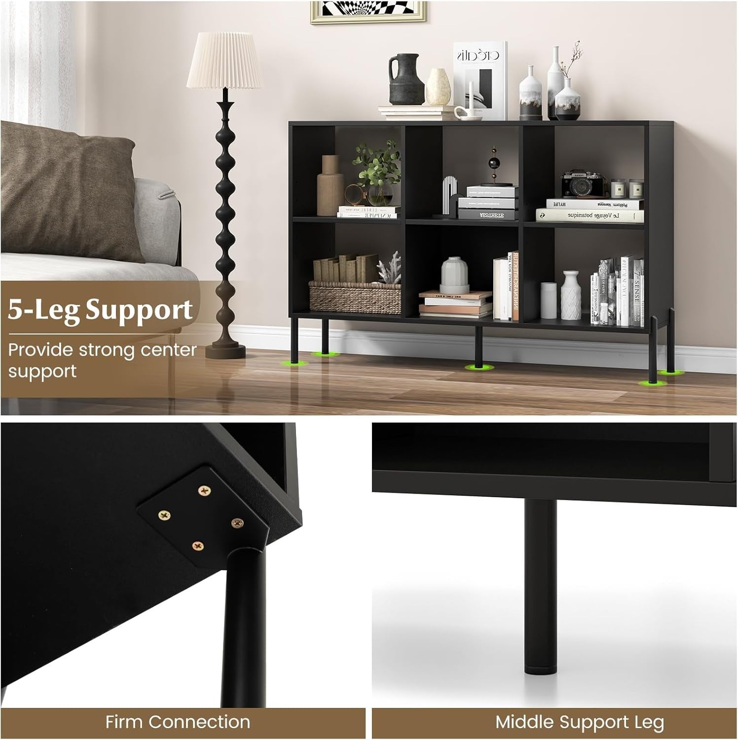 Black 6-Cube Adjustable Storage Bookcase with Metal Legs 120x35x78cm