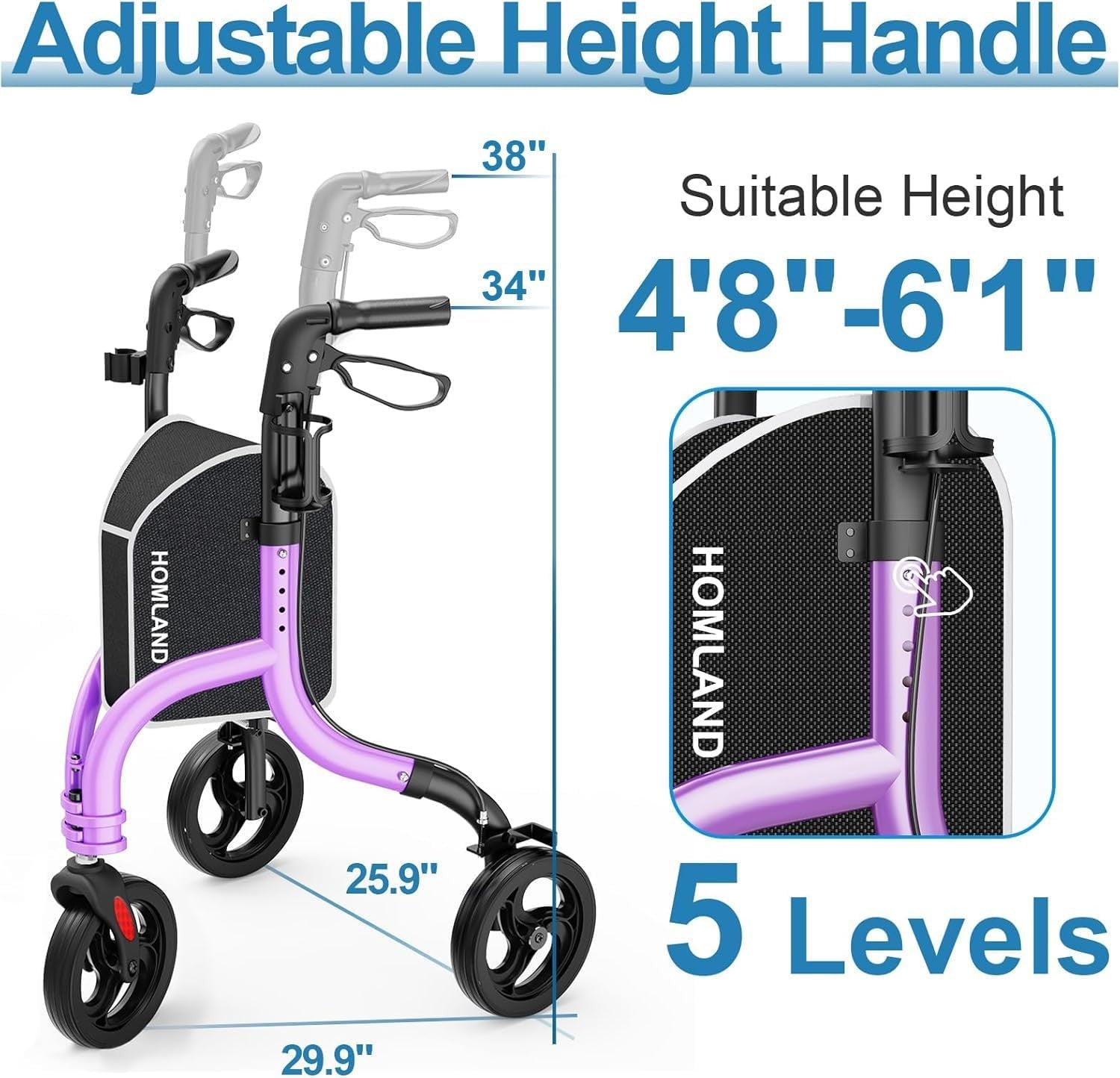 Lightweight 3 Wheel Rollator Walker Folding Adjustable Height Cane Cup Holder