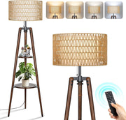 Dimmable Rattan Floor Lamp with Remote, Adjustable Warmth & Shelves 46x46x160cm