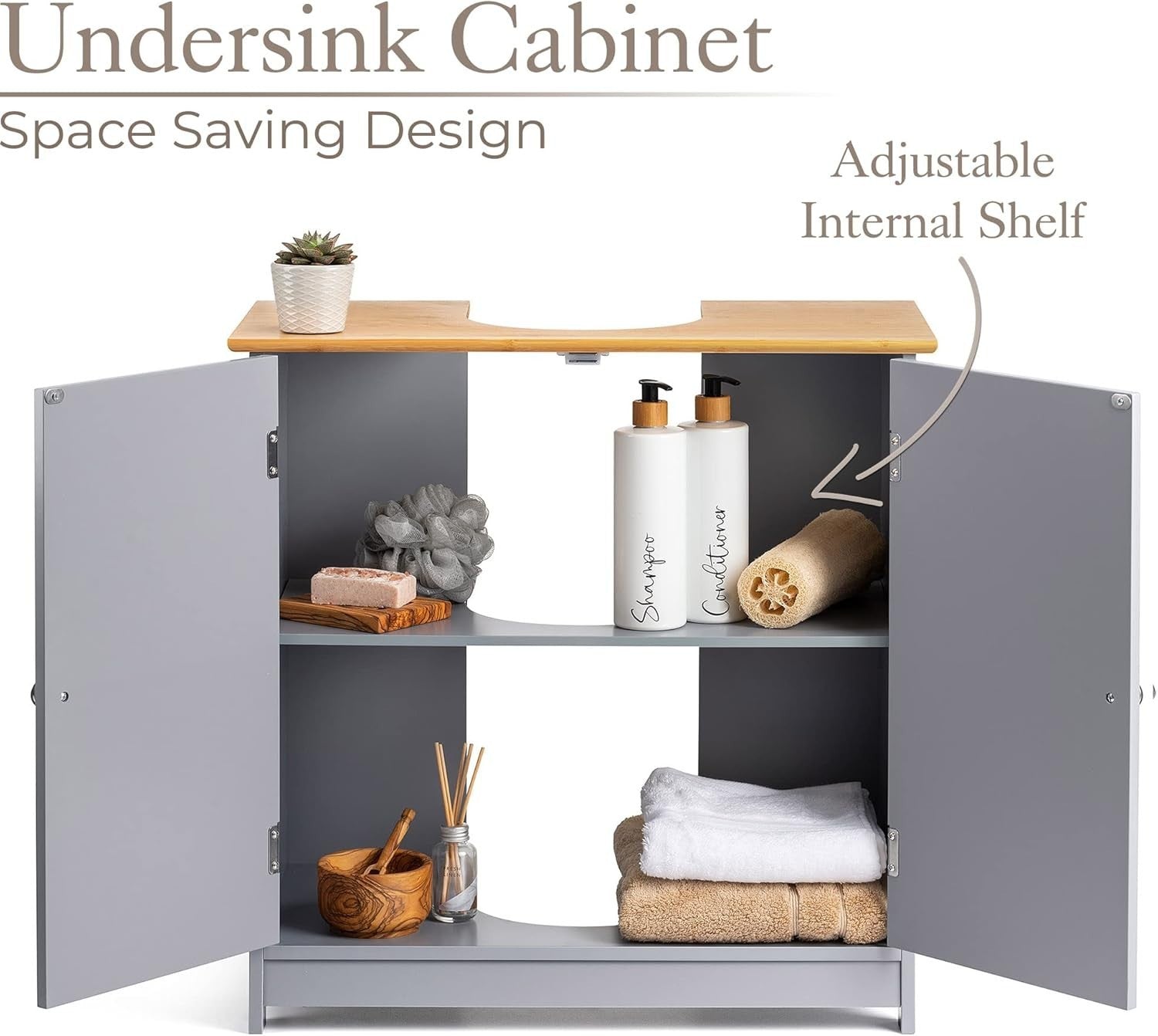 Grey Under Sink Bathroom Cabinet – 2 Door Storage Cupboard 60x30x60cm