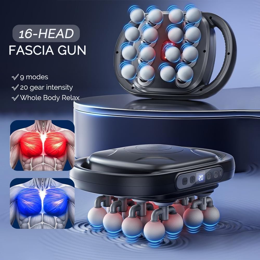 Deep Tissue Massage Gun 16 Head Multi-Node Heated Muscle Relief Full Body