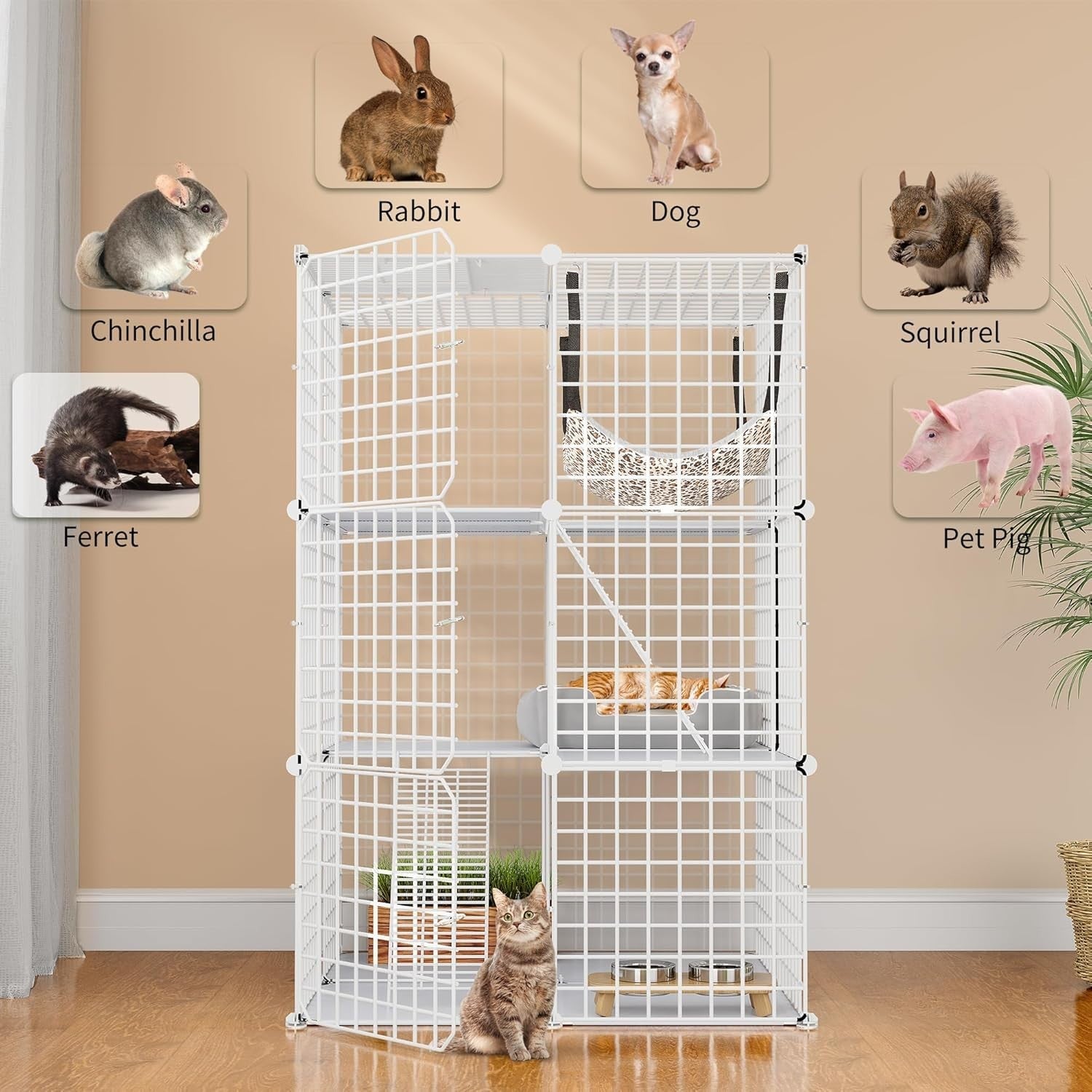 3-Tier Indoor Cat Cage Playpen with Large Hammock, Ladder & Doors, 72x72x107cm