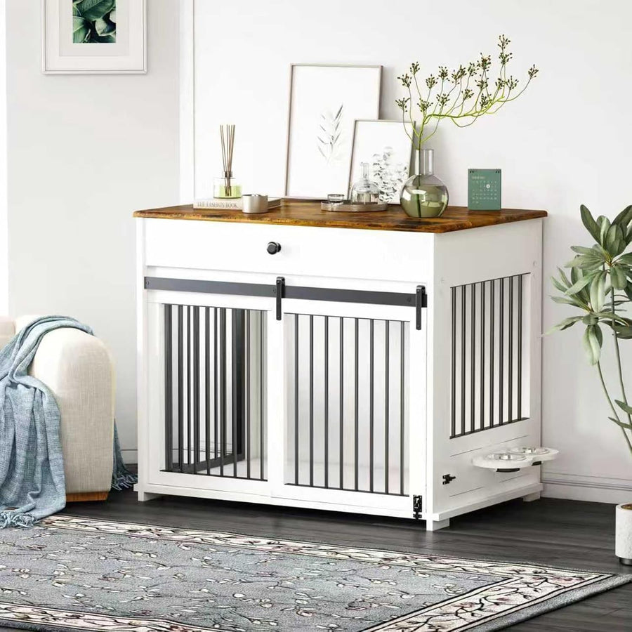 Large Indoor Wooden Dog Crate with Sliding Doors, Drawer & Rotatable Bowls