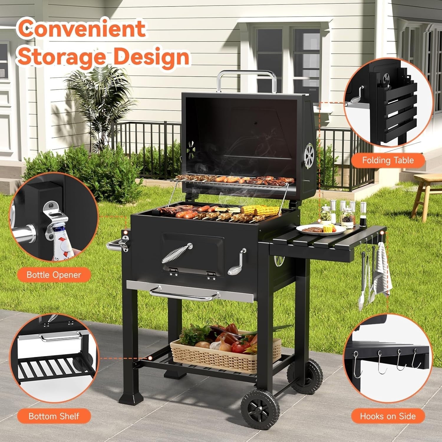 XL Charcoal BBQ Grill with Wheels, Side Table, Warming Rack & Thermometer