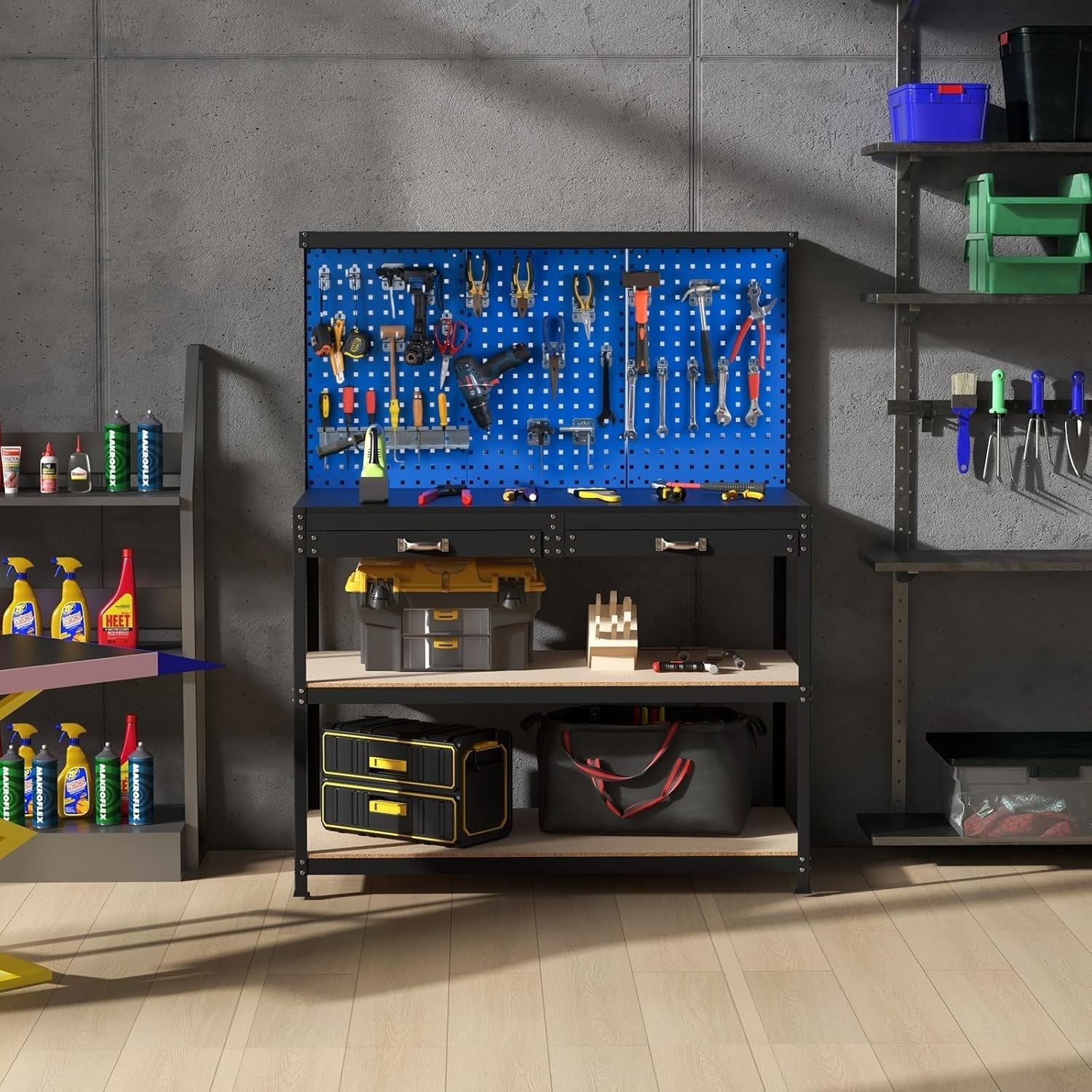 Heavy Duty Workbench 121x61x156cm Navy Pegboard 2 Drawers Shelves 435kg