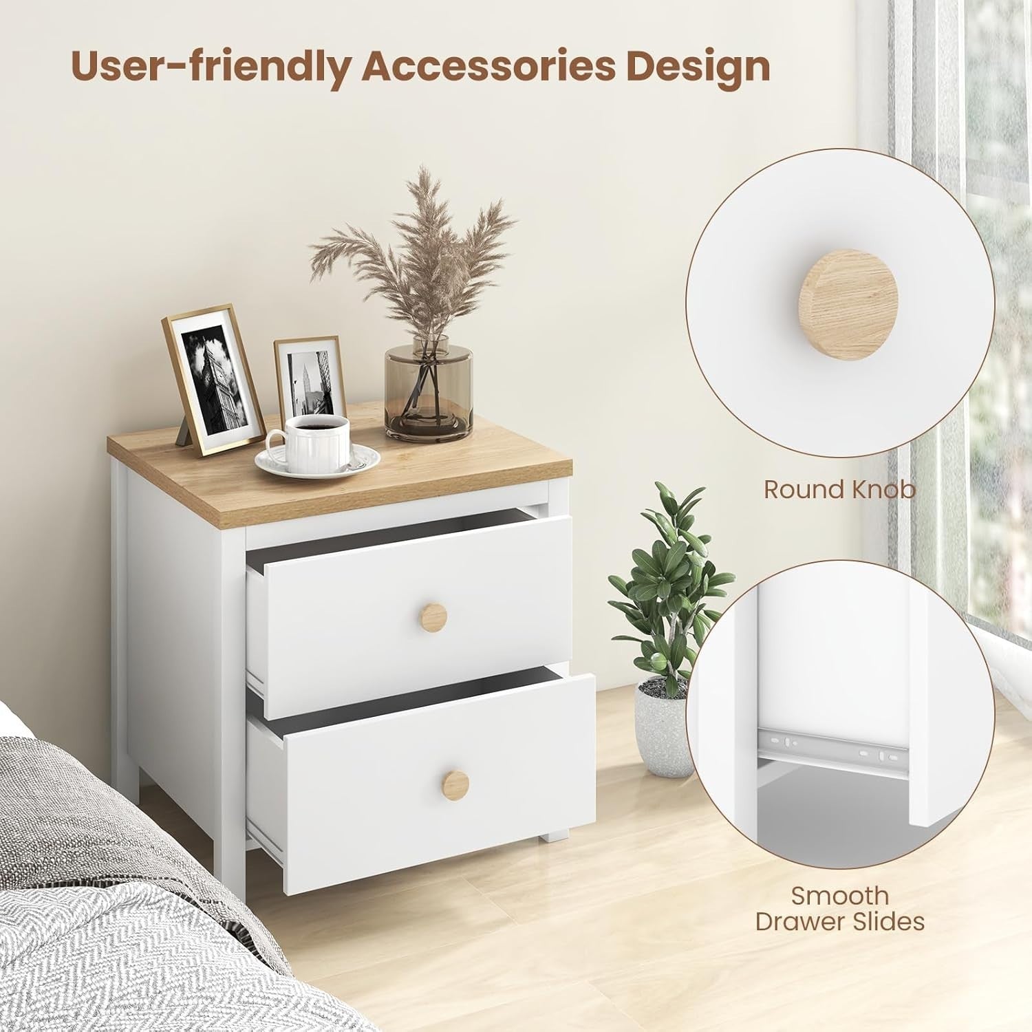 White 2 Drawer Bedside Table with Wood Top – Modern Nightstand