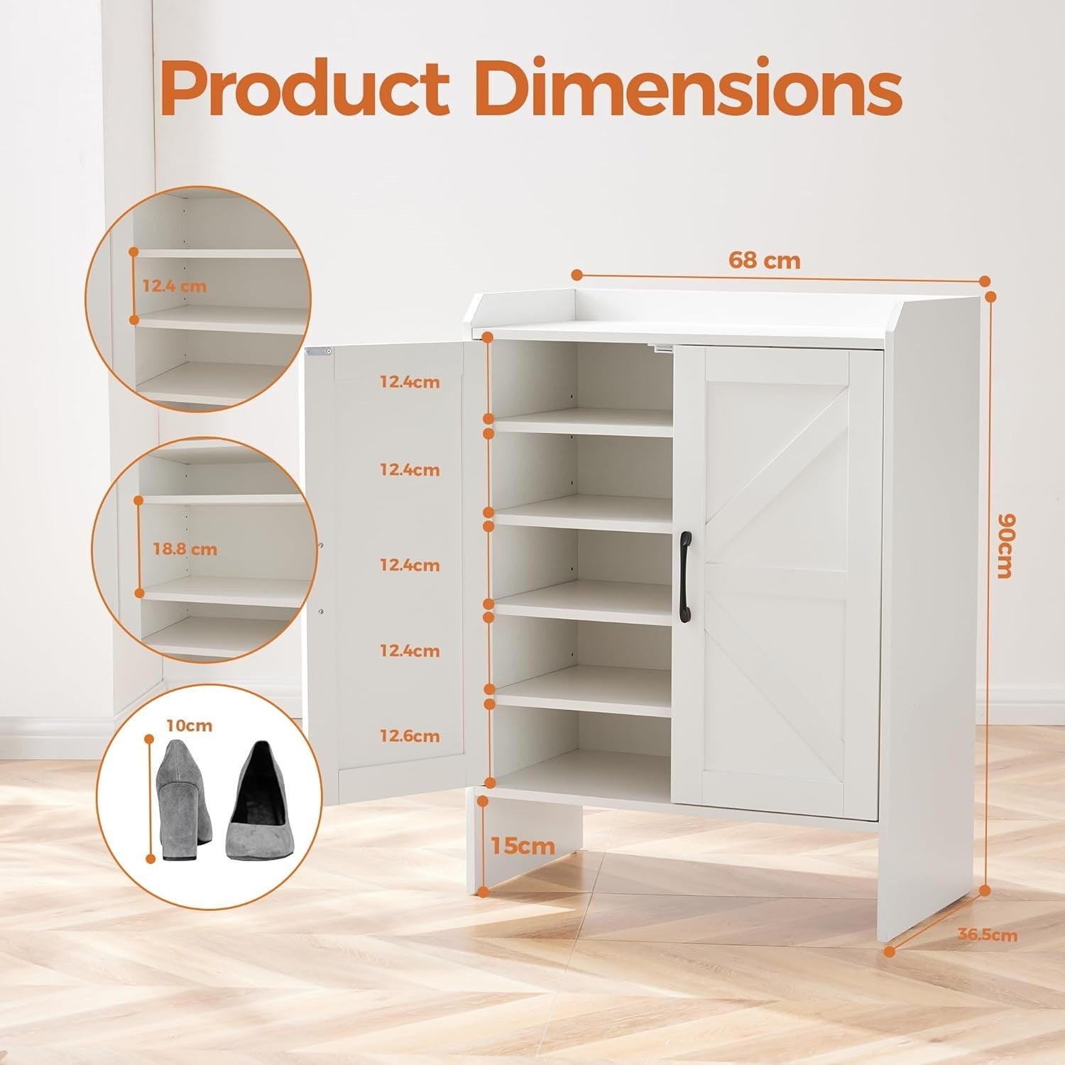 Farmhouse Shoe Cabinet with Doors, Adjustable Shelves, Entryway Storage