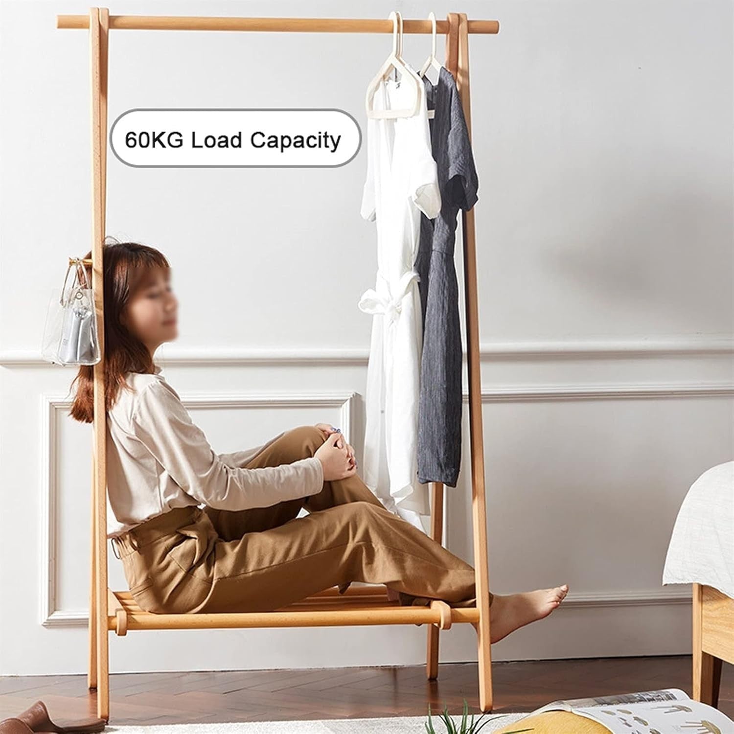 Wooden Clothes Rail Heavy Duty Garment Rack with Shelf 95cm