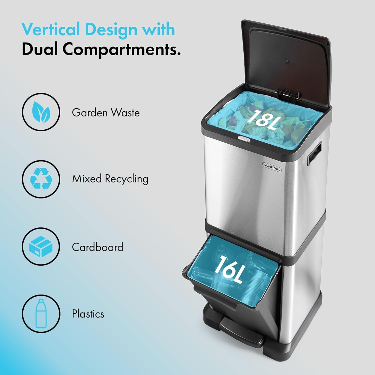 34L Stainless Steel Recycling Bin 2 Compartment Kitchen Trash Can