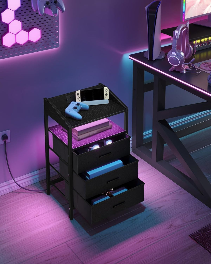 Black LED Bedside Table with USB Ports & 3 Drawers – Modern Nightstand