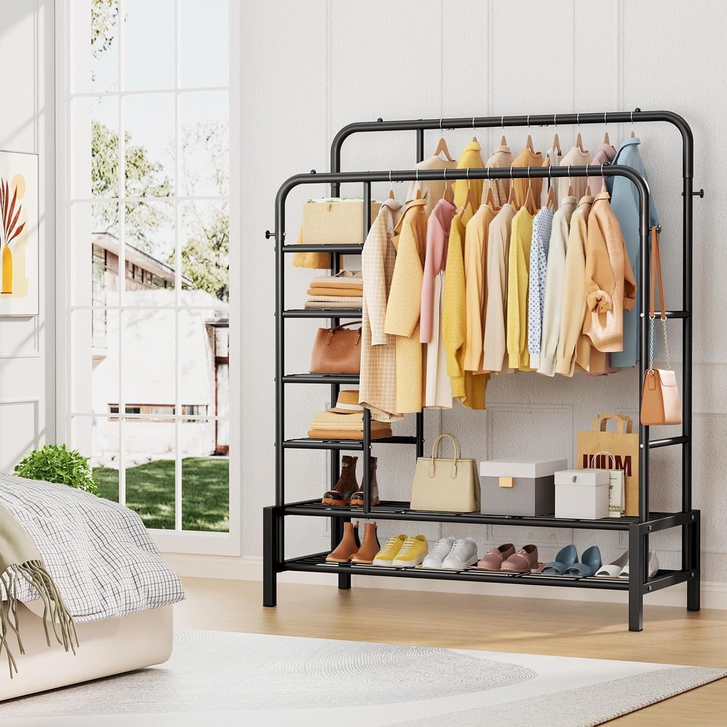 Heavy Duty Clothes Rail Double Rods Shelves Shoe Rack Black