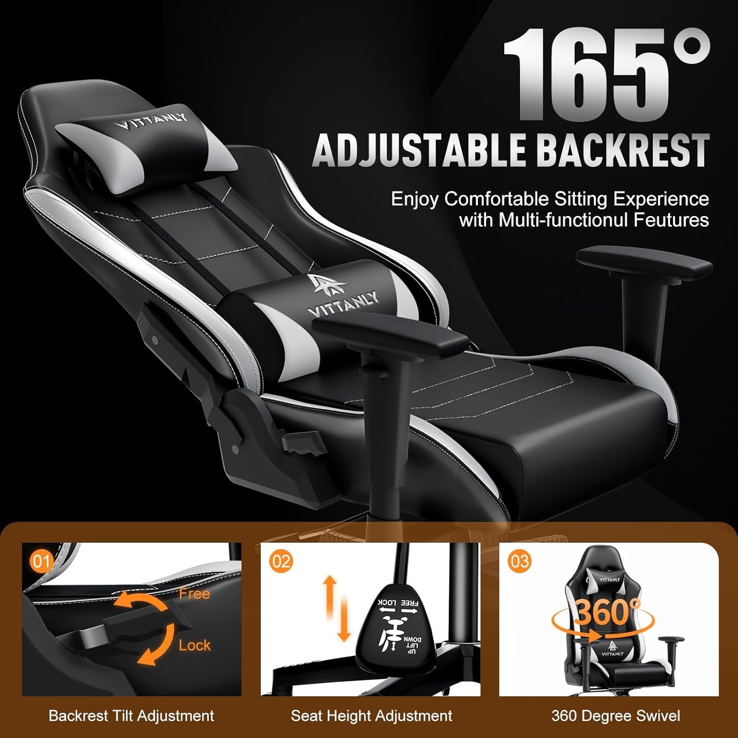 Ergonomic Gaming Chair Reclining Swivel Lumbar White