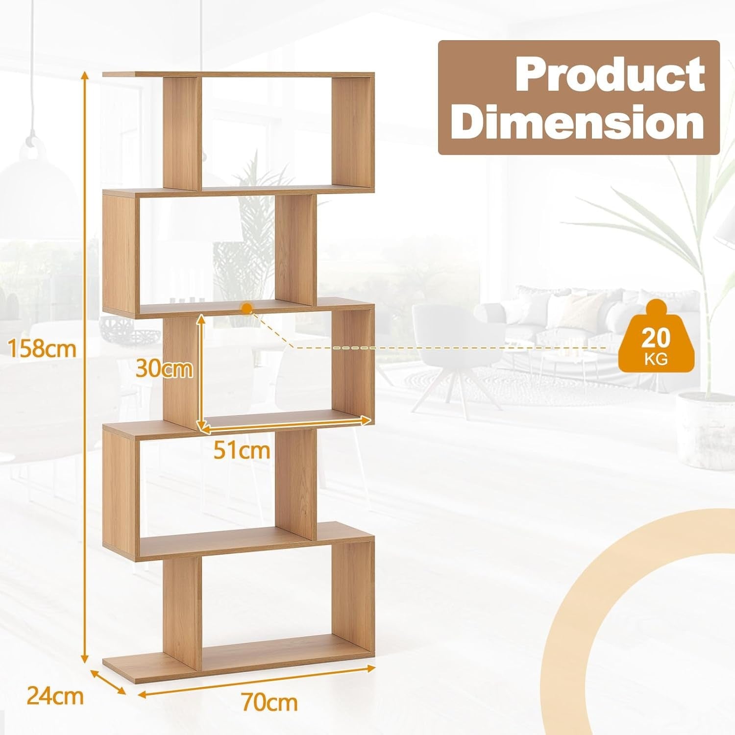Natural Wood S-Shaped 5/6 Tier Bookcase Modern Display Shelf Storage Unit 70cm
