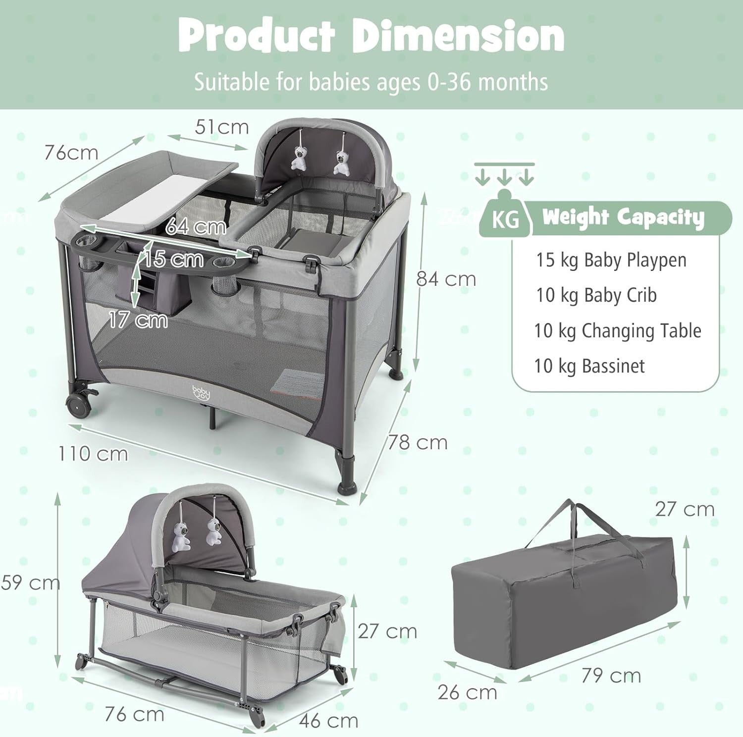 5in1 Travel Cot Baby Bedside Crib Bassinet w/ Mattress Folding Playard Grey