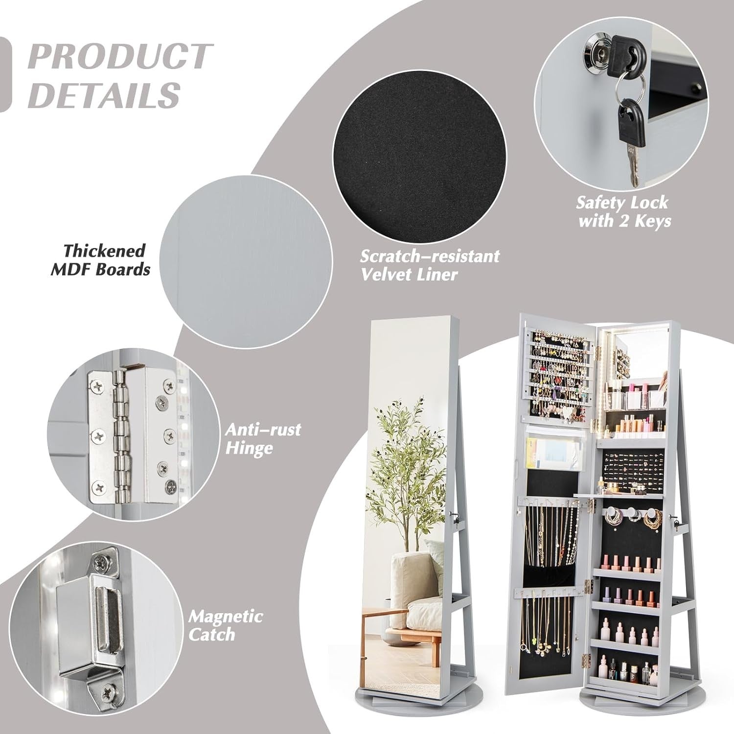 Grey 360° Swivel LED Jewelry Cabinet Mirror Lockable 3-Color Storage