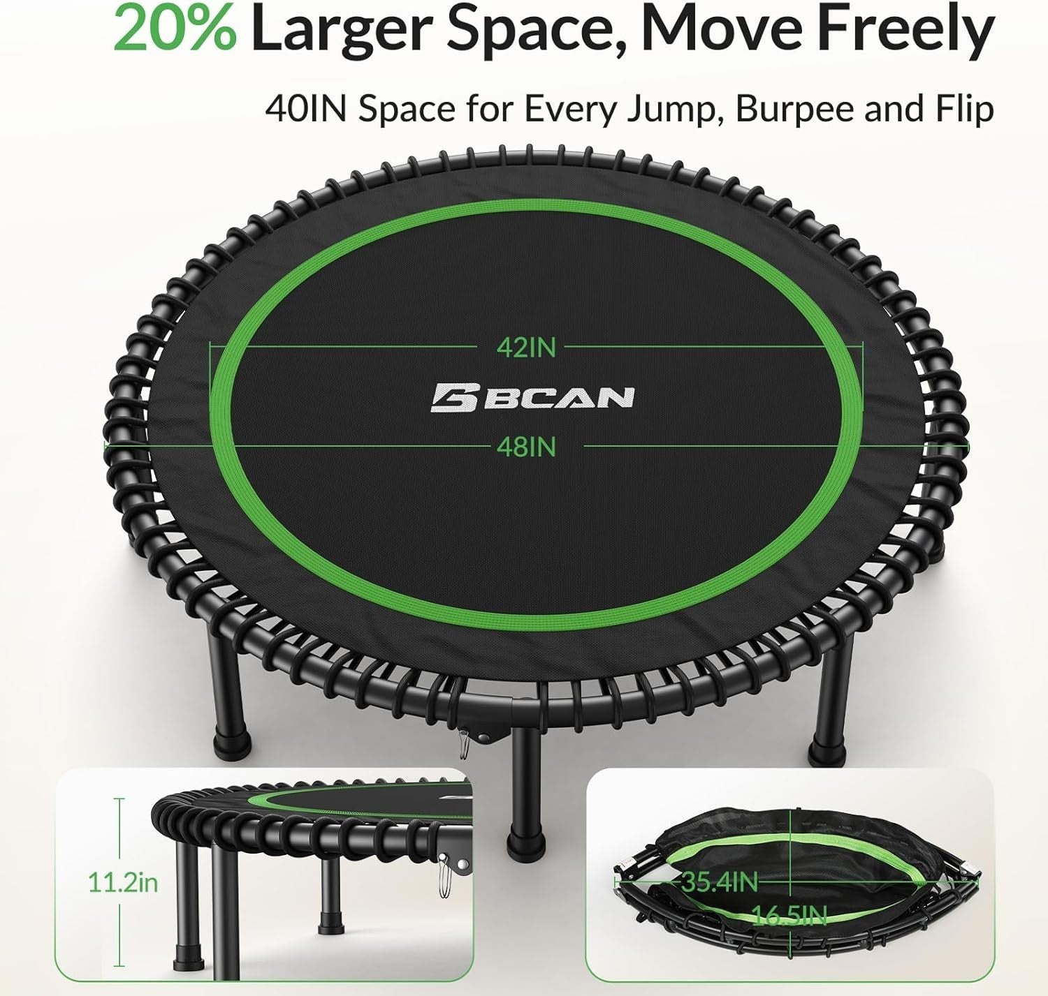 48in Heavy Duty Folding Fitness Rebounder Quiet Bungee Handle