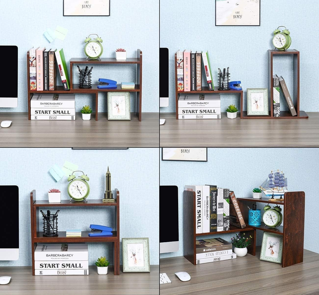 Adjustable Wooden Desk Bookshelf 3-Tier Space Saving Table Organizer