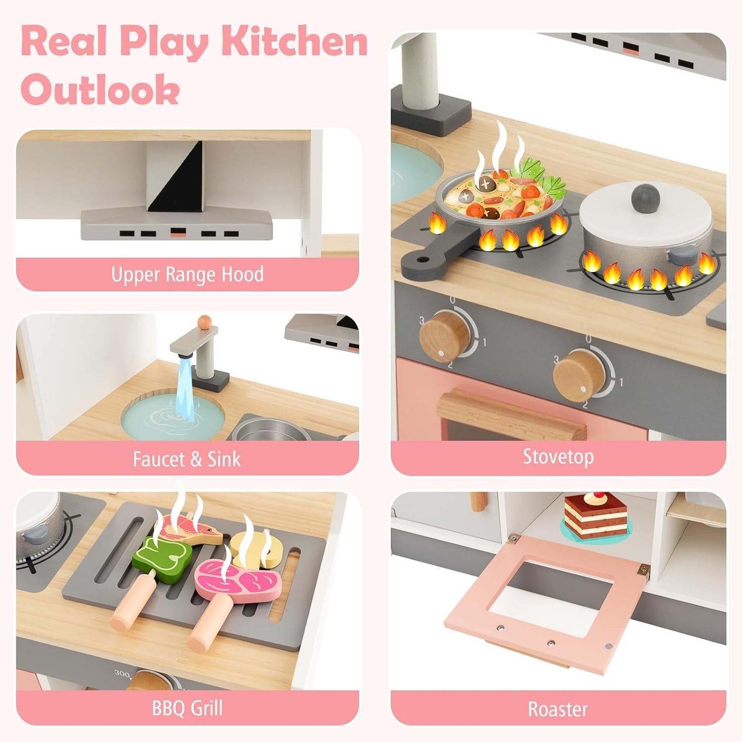 Wooden Kids Play Kitchen BBQ Grill Fridge Sink Toy Set Accessories