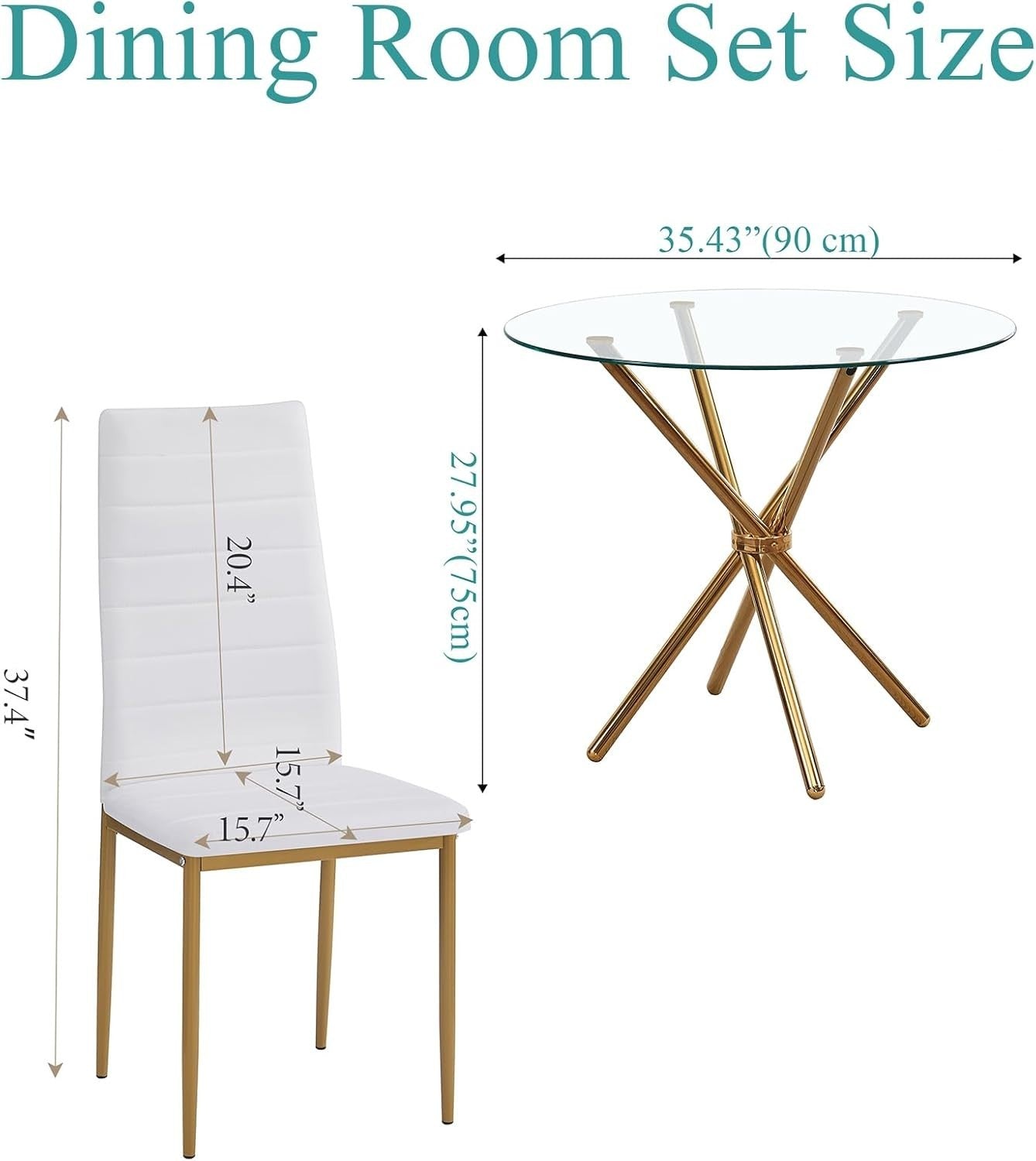 Gold Round Glass Dining Table Set 4 White PU Chairs Compact Design