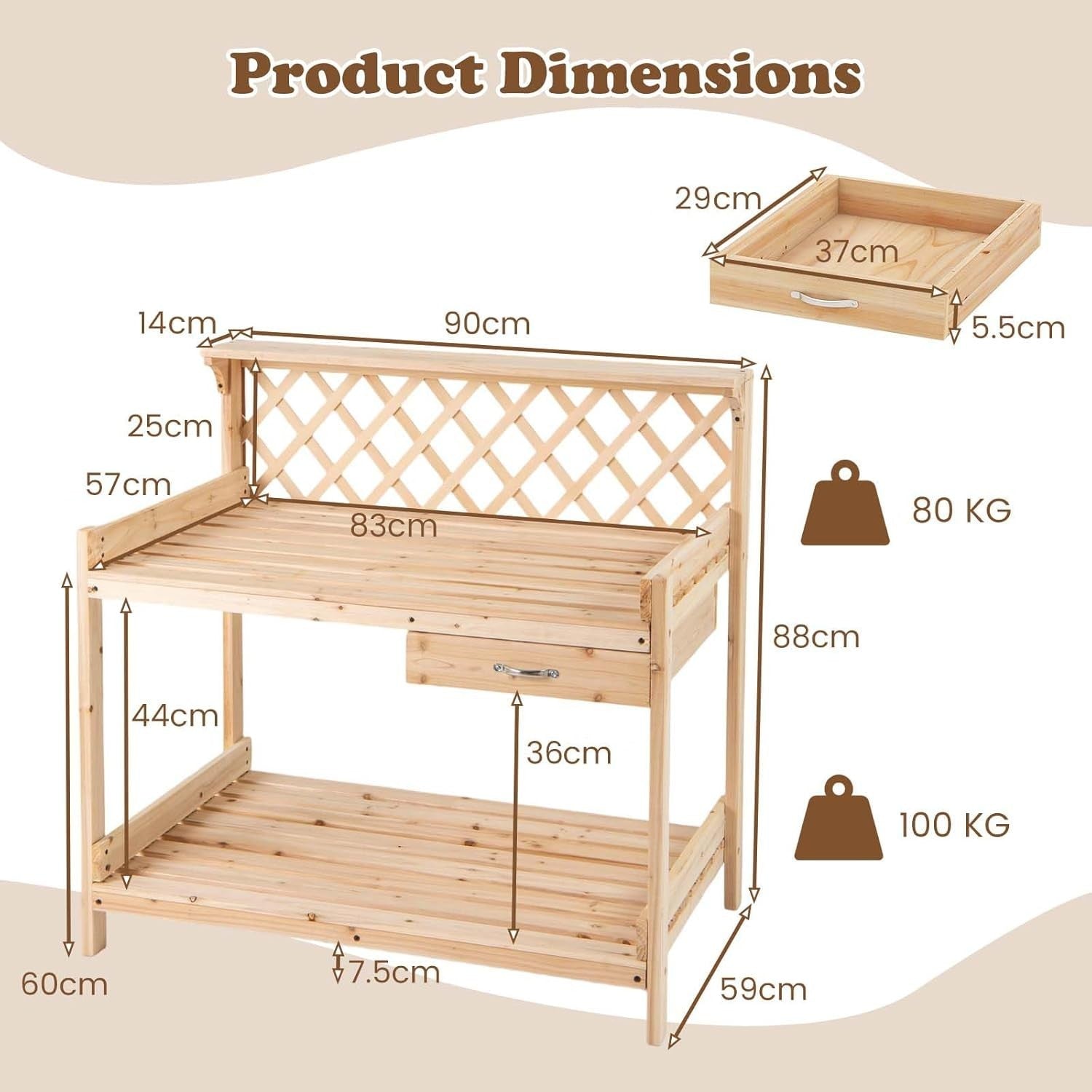Wooden Garden Potting Table Bench w/ Trellis Drawer Shelves Fir Wood 90x59