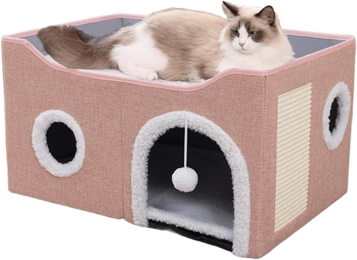 Foldable Cat House Cave Bed 2 Tier Cat Condo w Scratch Board Pink