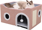Foldable Cat House Cave Bed 2 Tier Cat Condo w Scratch Board Pink