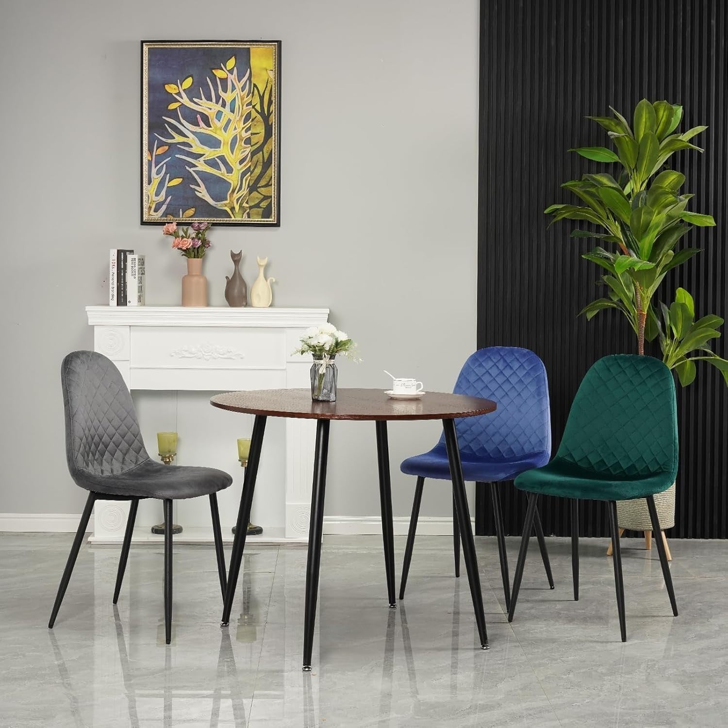 Modern Round 90cm Dining Table Set 4 Velvet Chairs Kitchen Living Room