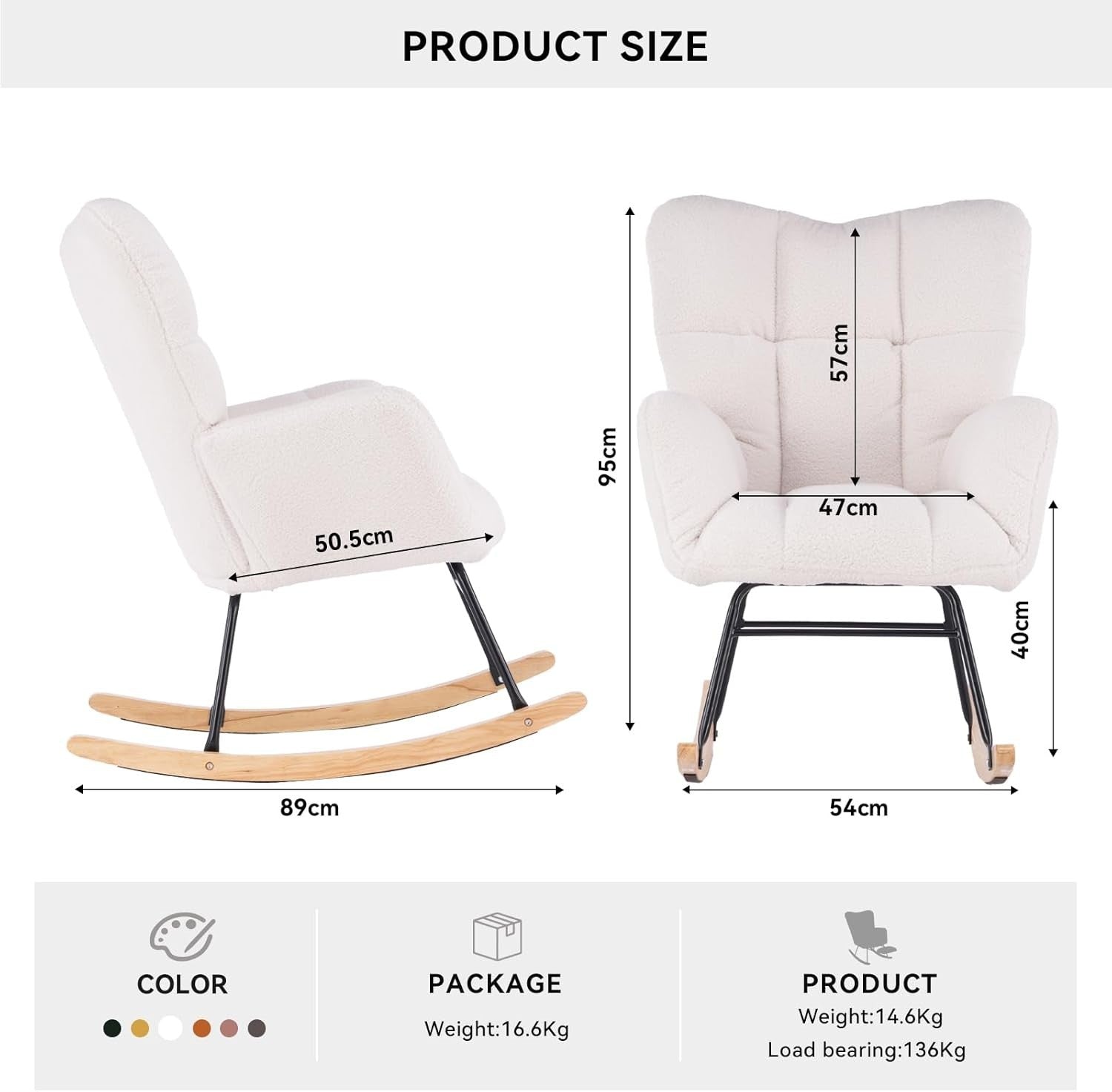 Comfy Rocking Armchair for Adults, Tufted Back, Teddy Fabric, High Backrest