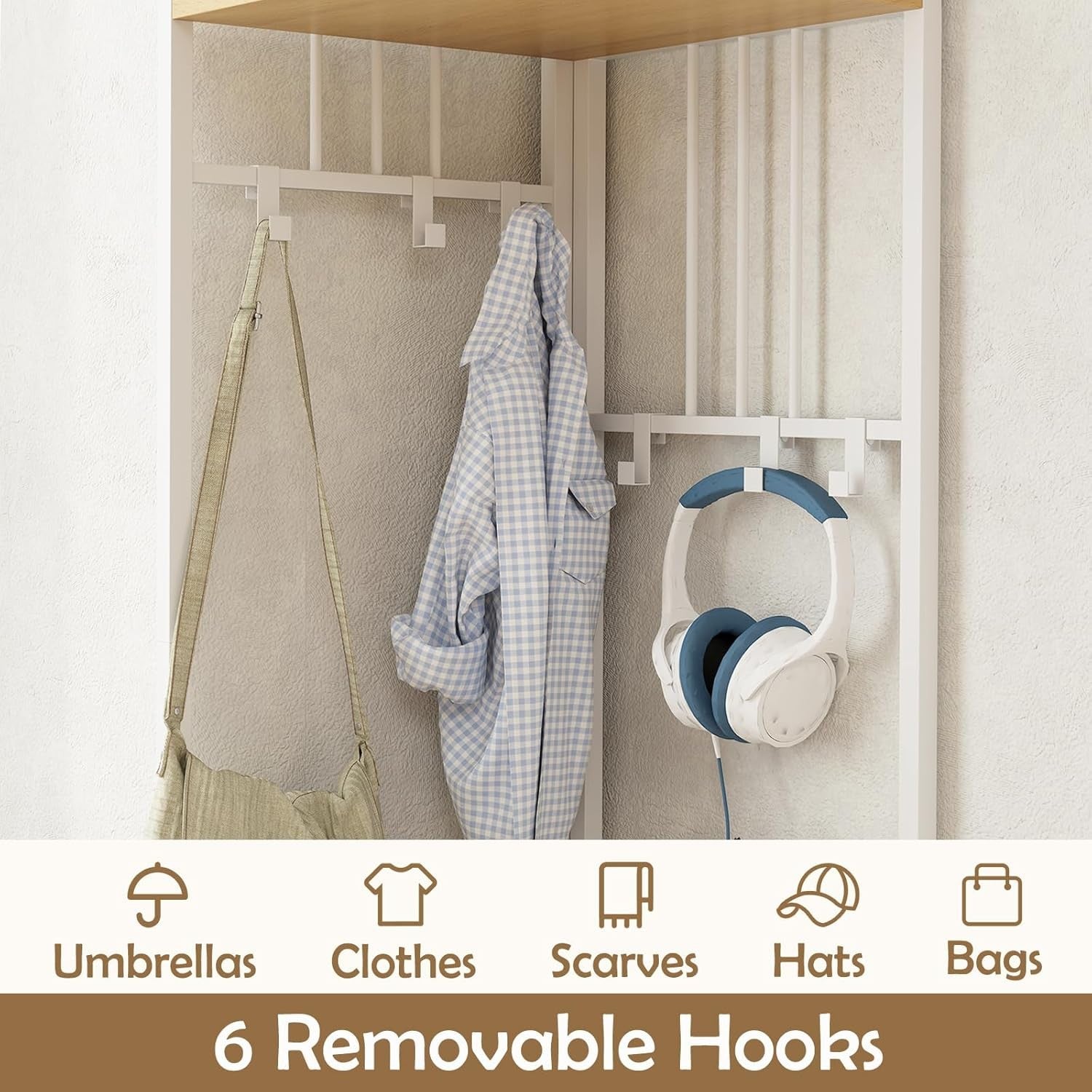 Natural White Corner Coat Rack 4-Tier Hall Tree with Shoe Bench & Hooks