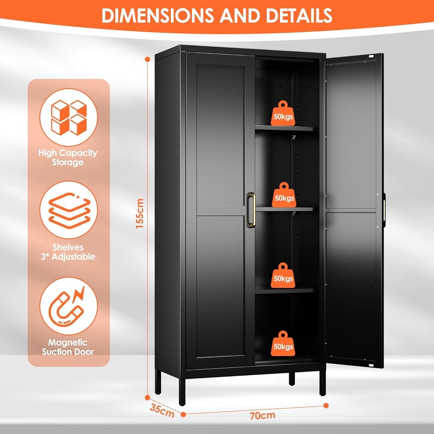 Black Metal Office Storage Cabinet 2 Doors Adjustable Shelves 155H