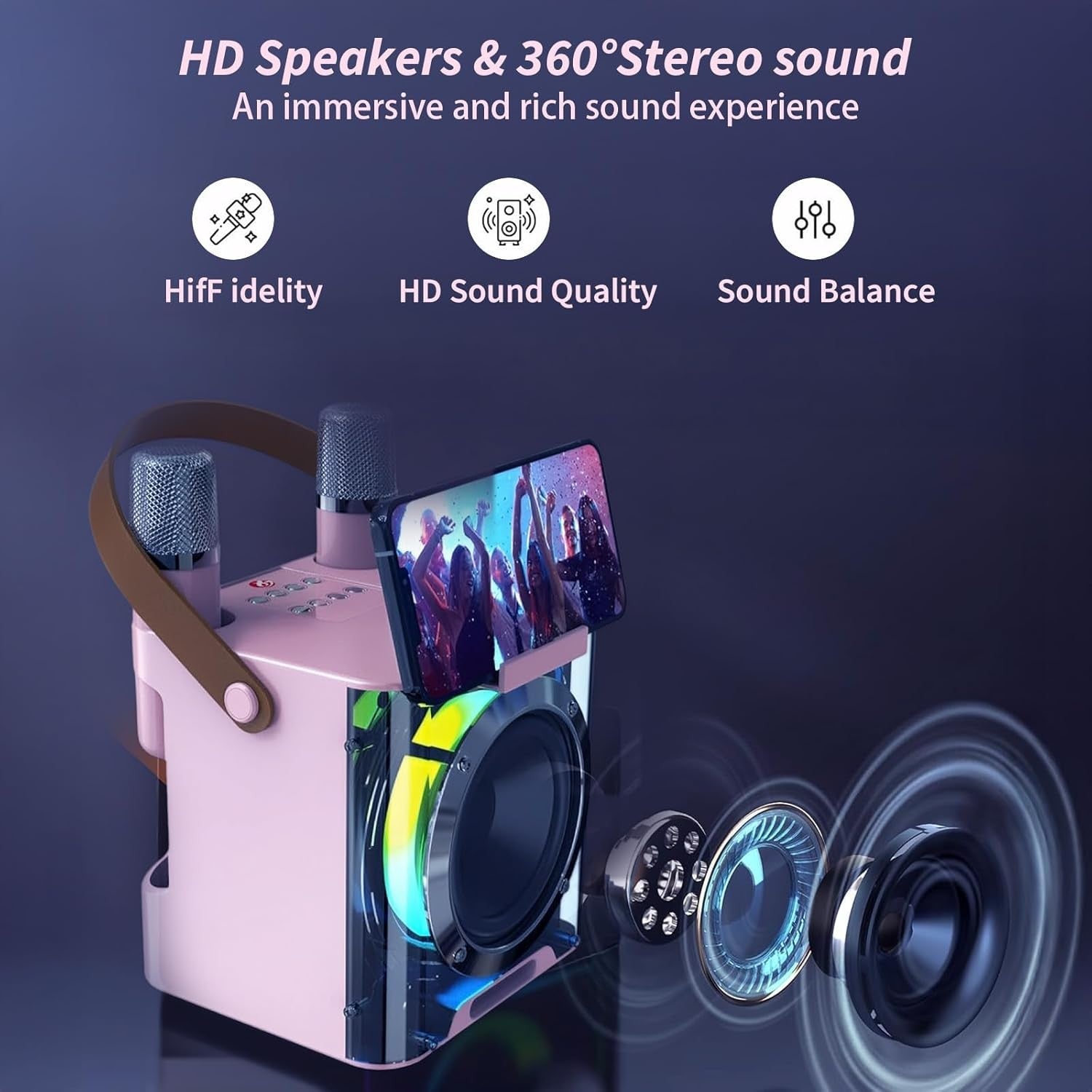Portable Karaoke Machine 2 Wireless Mics LED
