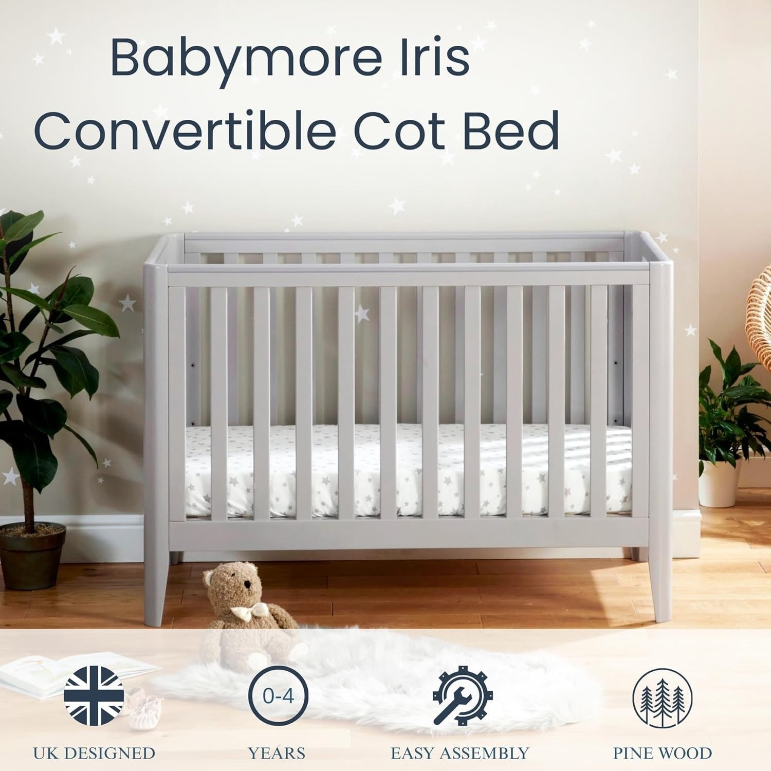 Convertible Mini Toddler Bed Baby Cot Bed and Sofa Adjustable Height Grey