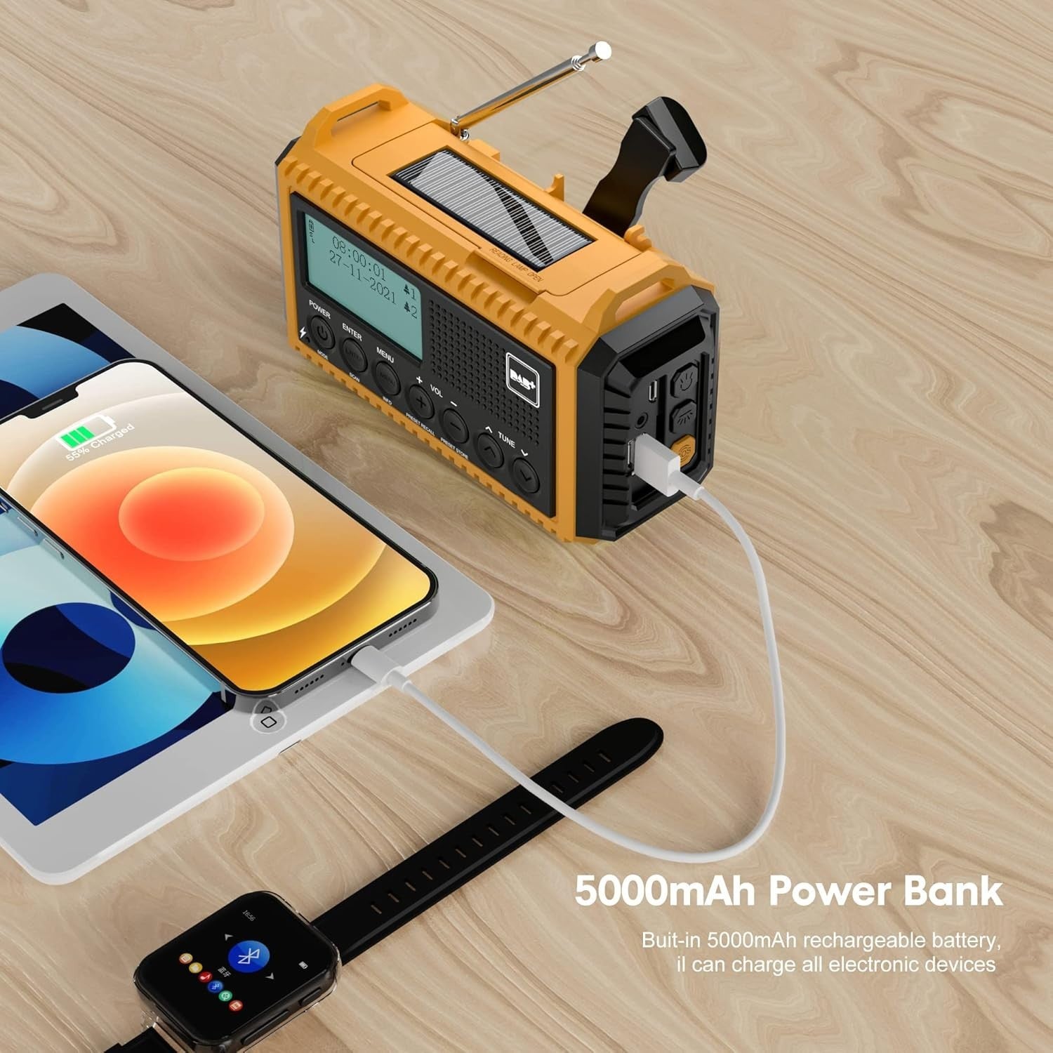 DAB+ Emergency Wind Up Radio Solar Hand Crank 5000mAh SOS