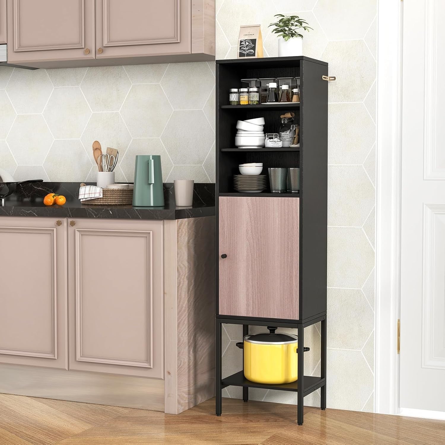 146cm Tall Wooden Storage Cabinet Black Adjustable Shelves Slim Cupboard