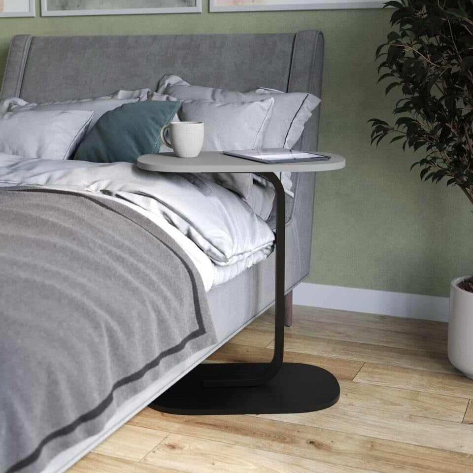 C-Shaped Side Table with Storage, Compact Wood & Metal Bedside Table, Grey