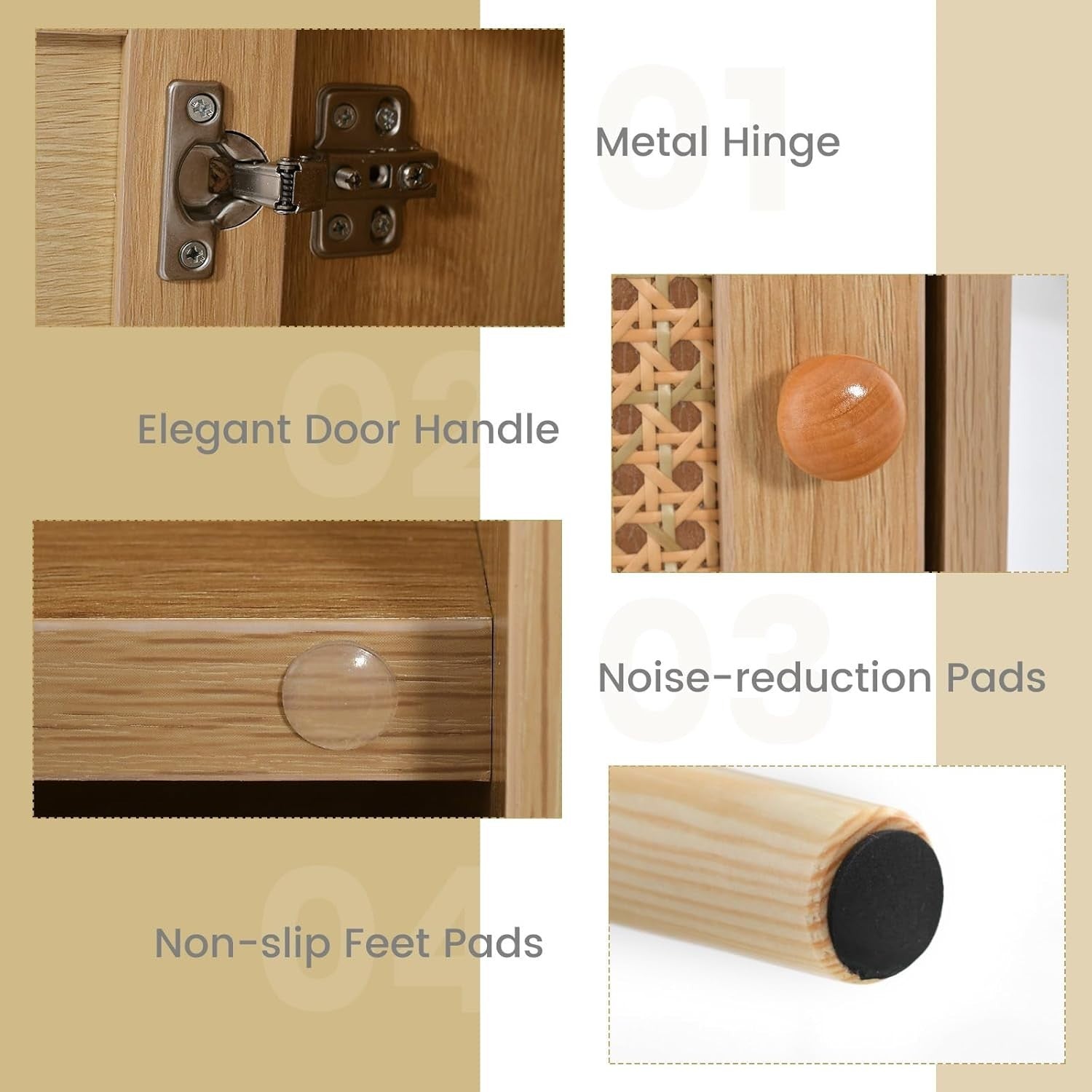 Set of 2 Natural Wood Bedside Tables with Rattan Door & Shelf