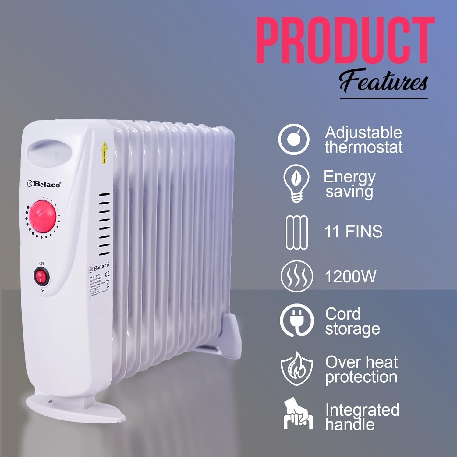 1200W Mini Oil Filled Radiator 11 Fin Portable Electric Heater White
