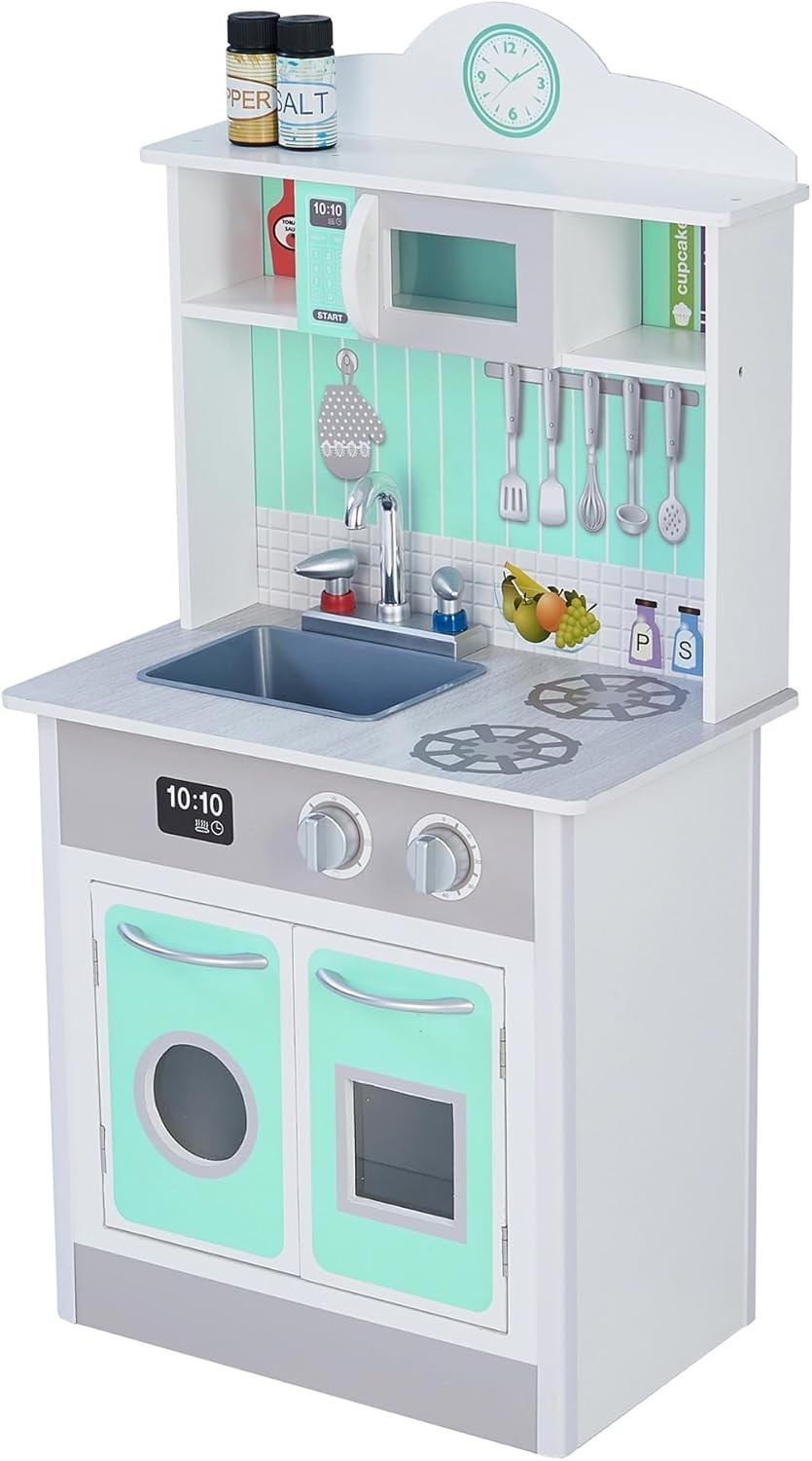 Compact Wooden Kids Play Kitchen Grey Mint Pretend Cooking Set