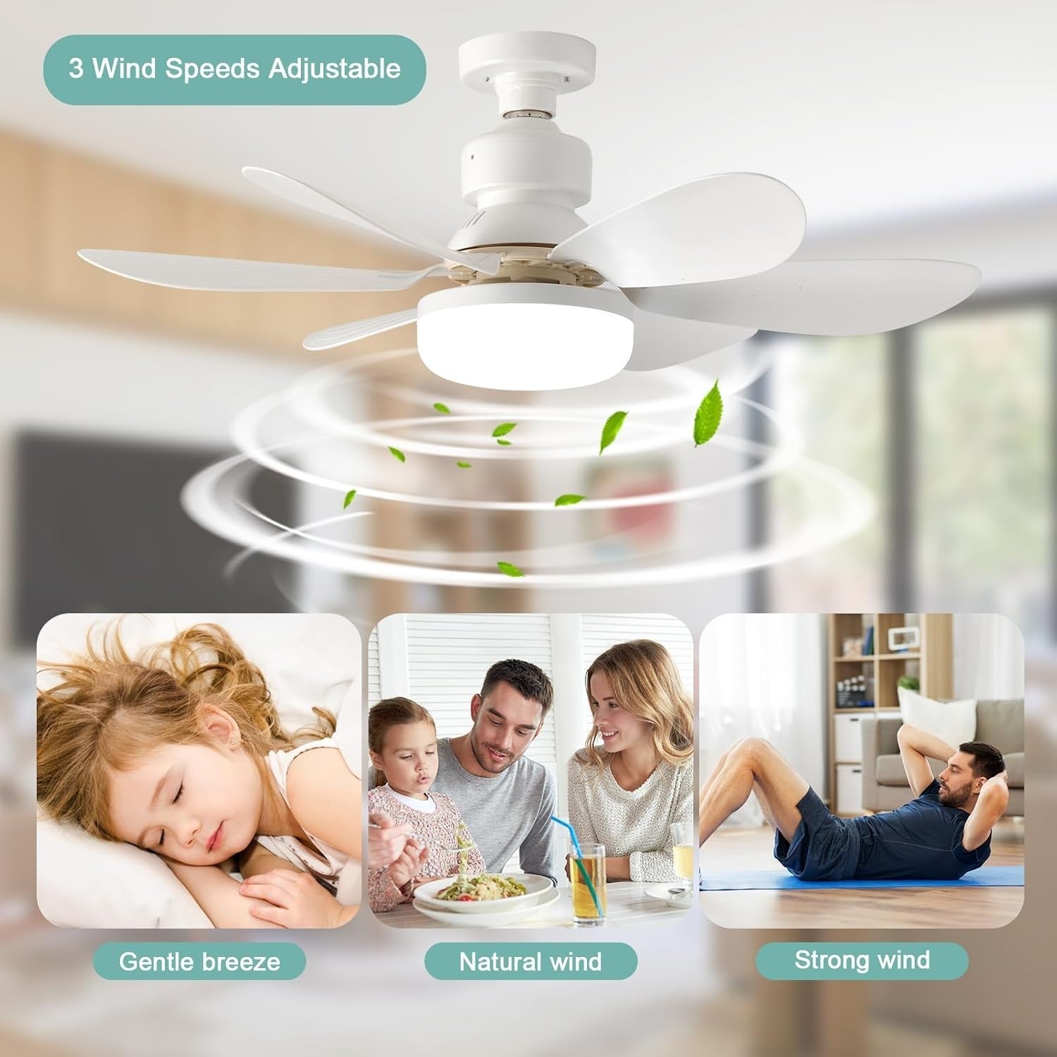 52CM Screw-In Ceiling Fan Light, 3-Speed, Remote, 3-Color LED, 7-Blade