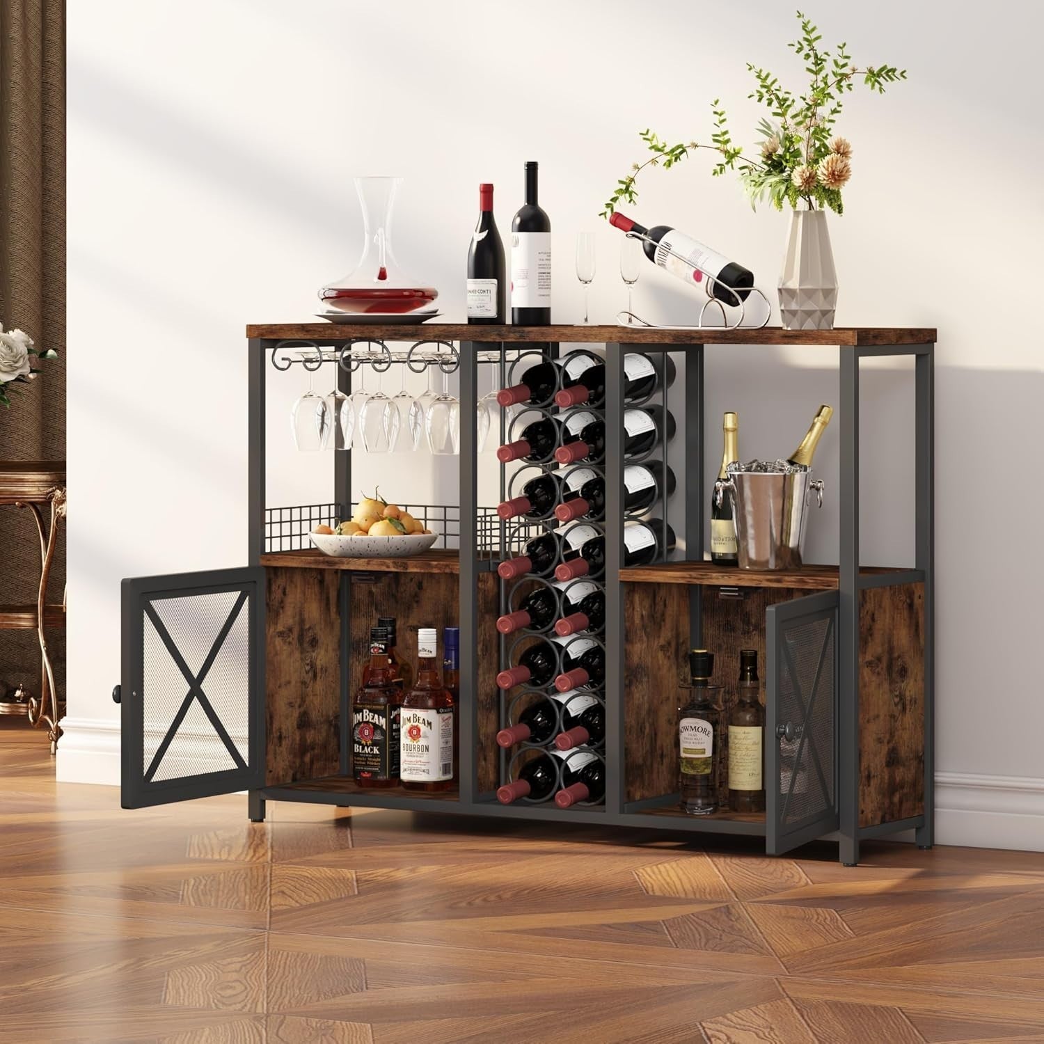 Rustic Home Bar Cabinet with Wine Rack, Glass Holder & Storage Shelves Sideboard